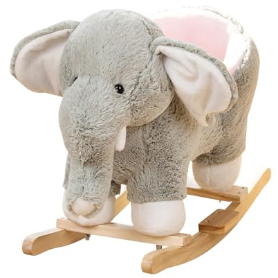 Rocking Horse Stuffed Ride-on Elephant Rocker Animal Plush Toy Baby Wooden Chair, Soft Stuffed Elephant Rocking Horse for Boys and Girls Christmas/Birthday Gift