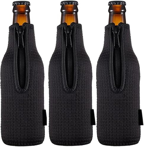 WK ieason Beer Bottle Sleeve Insulators 12oz 330ml Standard Beer Bottle Cooler Covers Zip-up Bottle Jacket 12OZ Beer Bottle Holder Non-Slip Thick Neoprene Sleeves 3Pcs Pack (Blackx3)
