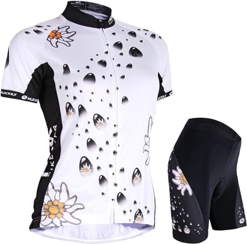 NUCKILY Cykeltröja för kvinnor, kortärmad cykelkläder, damset, cykelskjorta, andas, tröja, utomhus, sport, cykling, jersey och cykelbyxor med 3D-sittdyna, MTB cykeldräkt