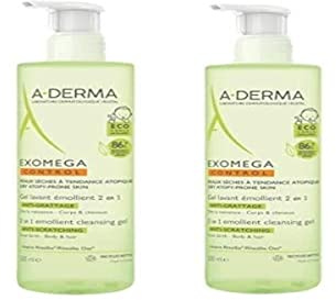 A-derma Exomega Control Gel Limpiador Emoliente 2 en 1 Cabello y Cuerpo, 2 x 500 ml