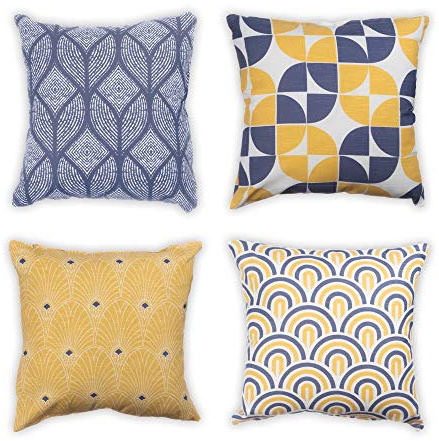 Penguin Home Set of 4 100% Slub Cotton Fabric Cushion Covers 45cm x 45cm Double Sided Square Pillow Covers with Invisible Zipper Pillow Cases for Living Room, Bedroom, Sofa (Grey/Yellow/White)
