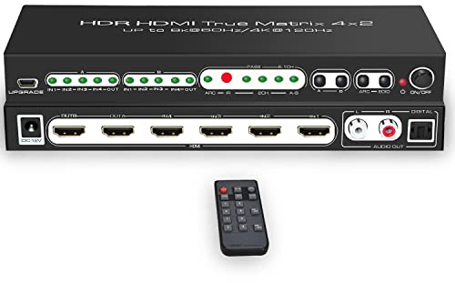 GKR Conmutador de HDMI Matriz 4x2,Ultra-HD 8K a 60 Hz 4K a 120Hz HDR ARC HDR 4 en 2 Salidas HDMI Matrix Switch Divisor con Extractor de Audio (HDMX0016)