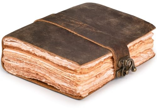 LEATHER VILLAGE Leather Bound Vintage Journal for Women & Men - Book of Shadows - Lock Closure - 200 Pages of Antique Deckle Edges Handmade Watercolor Paper - Rustic Brown - 7X5 inches