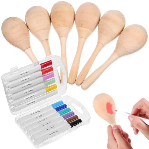 Vaguelly Wooden Maracas Set Unfinished Shaker Hand Percussion Rattles with 12 Acrylic Markers Blank Wooden Maracas for Diy Painting Beginners Kids Concerts Parties Music Education