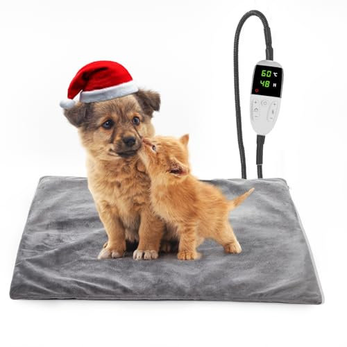 Cat Heat Pad Electric 45 * 45cm, 5 Adjustable Timer & 7 Adjustable Temperature, Pet Heating Mat Waterproof, with Crystal Velvet Cover & Anti Bite Cable, Ideal for Whelping/Puppy/Dogs and Cats
