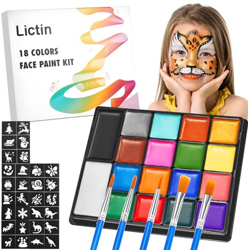Lictin Peinture Corporelle 18 Couleurs, Palette de Maquillage Halloween avec 5 Crayons et Pochoirs, Idéale pour les Fêtes et Carnavals