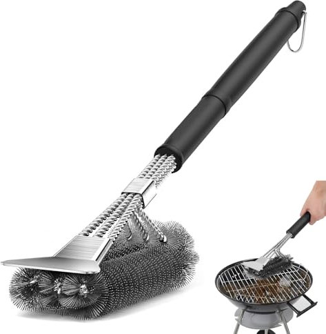 UNISOPH Grillbürste, Grill Reinigungsbürste Mit Extra Langer Edelstahl Borsten, Grill Zubehör Edelstahl Spatel Und Pp Wärmedämmung Griff, Für Gasgrill, Holzkohlegrill, Kugelgrill, Elektrogrill