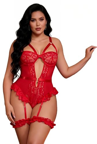 comeondear Dentelle Lingerie Sexy Femme Grande Taille Body Cruvy Sexy avec 2 Poignets de Cuisse Dessous Ensemble Lingerie Dos Nu Teddy Bretelles Réglables Top Élégants Tenue Hot Rouge,XL-XXL