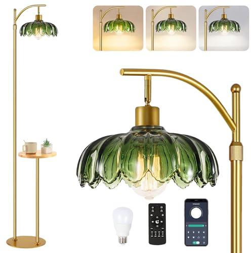 Arc Floor Lamp with Table and Shelves,Gold Floor Lamp for Living Room Glass Floor Lamps with Remote Control & 3 Color Temperature,Dimmable Standing Lamp Tall Flower Floor Lamps for Bedroom Corner