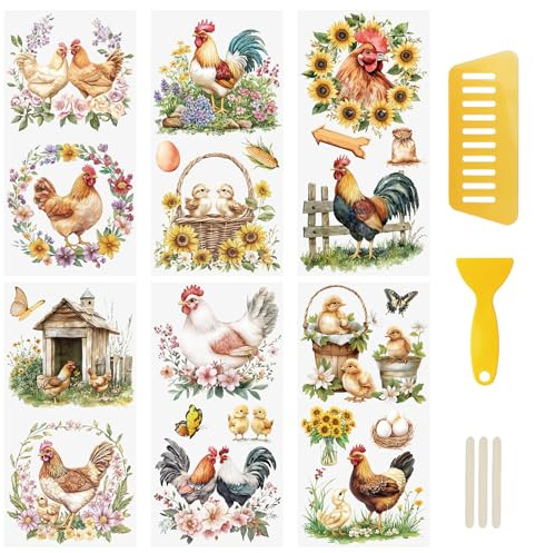 WANDIC 6PCS Rub On Transfer Stickers, Flowers And Chickens Transfer Decals Rural Style Elements Stickers for Furniture and Scrapbooking,15 * 30cm