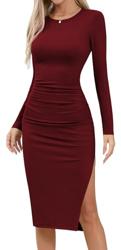 Missufe Femme Longues Manches Robe Midi En Tricot Robe Bodycon Robe De Loisirs Avec Fente Robe Moulante Crayon Robe Figurative Froncée, rouge bordeaux, XL