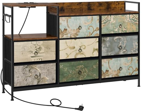 WOLTU Kommode mit 8 Schubladen, Stoffkommode mit Steckdosen, Kommodenschrank für Schlafzimmer Wohnzimmer Flur, aus Metallrahmen Holzwerkstoff, Rustikales Braun mit Vintage-Blumenmotiv