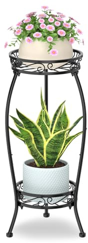 VASZOLA 2-stufiger schwarzer Pflanzenständer für drinnen und draußen, für große, hohe Blumenkübel auf der Terrasse, robustes, vertikales Metallregal für schmale Bodenecken, stabiler Halter-Organizer