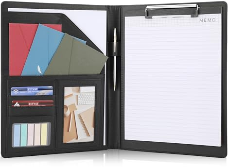 Vyuwast Klemmbrett A4 mit Deckel, PU-Leder Schreibmappe A4 Konferenzmappe, Klemmbrett mit Aufbewahrung, Stiftehalter und Sticky Notes, Business Mappe für Bürobedarf Schule (Schwarz)