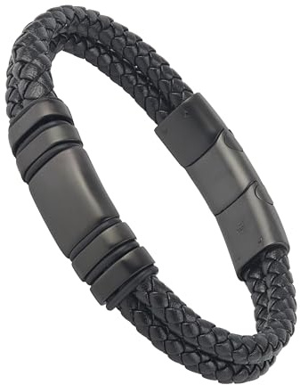 Forge & Foundry Men's Adjustable Black Leather Bracelet | Genuine Woven Leather with Snap Clasp | Design-Led, Artisan Jewellery from London | Double Strand, Brushed Black Clasp, M, Navarro