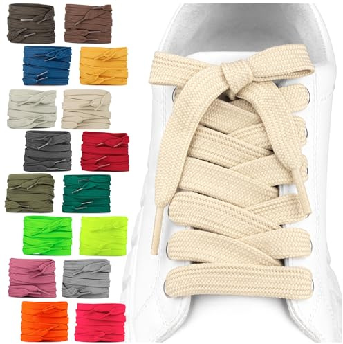 SULPO 2 par platta skosnören – 12 mm breda skosnören för skor – 60–200 cm – tvättbara och slitstarka polyester – 18 färger, Ljusbeige, 180cm - 2 Paare