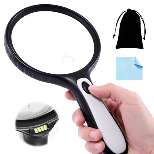 Loupe Éclairée 30X Grande Taille 145mm, Loupe Grossissante avec 4 LED, Loupe de Lecture Main pour Seniors et Malvoyants, Idéale pour Lecture, Bijoux, Couture et Travaux de Précision