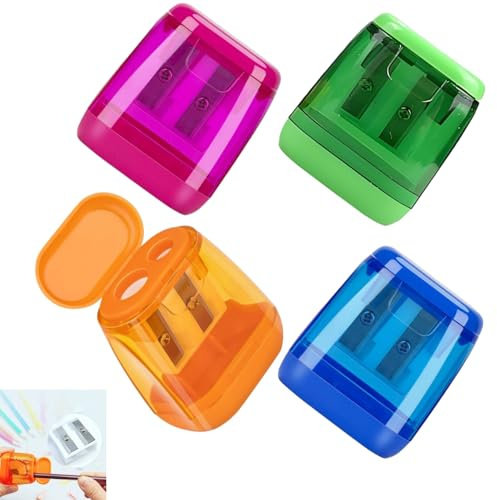 Lot de 4Taille-Crayons avec Réservoir et Boîte,Aiguiseur à Crayons Double Trou Manuelpour Stylos Épais et Fins,Pour École,Bureau à Domicile Taille-Crayon pour Enfants