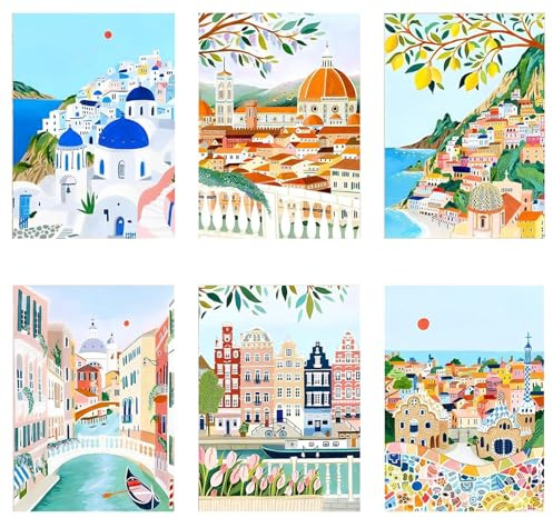 PERFECT LASER 6 Pack Paint by Numbers for Adults Beginner | European Cityscapes Paint by Number Kits on Canvas,Italy Paint by Numbers for Adults - 12x8 Inch DIY Painting by Numbers Kit with 26 Colors