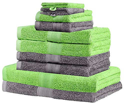 NatureMark 10er Frottier Handtuch-Set Anthrazit/Navy, 4x Handtücher, 2x Duschtücher, 2x Gästetücher, 2x Waschhandschuhe, Premium Baumwolle, Grüne Farbgebung
