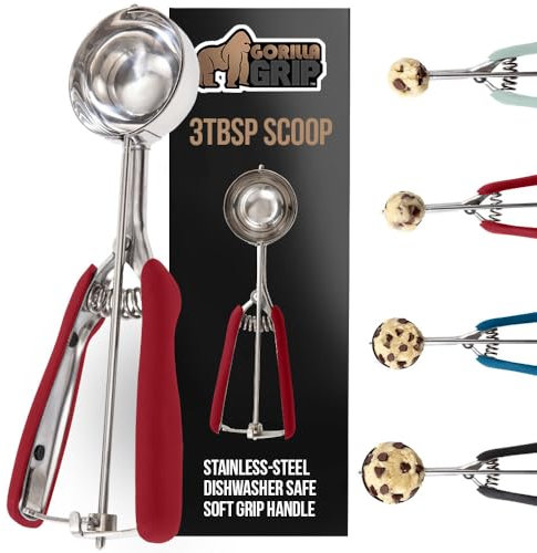 GORILLA GRIP BPA-Free 304 Stainless Steel Cookie Scoop, 3 TBSP Scooper #20, Soft Grip Handle, Easy Food Release, Create Even Portions, Multipurpose Kitchen Melon Baller, Meatball Spring Scoops, Red