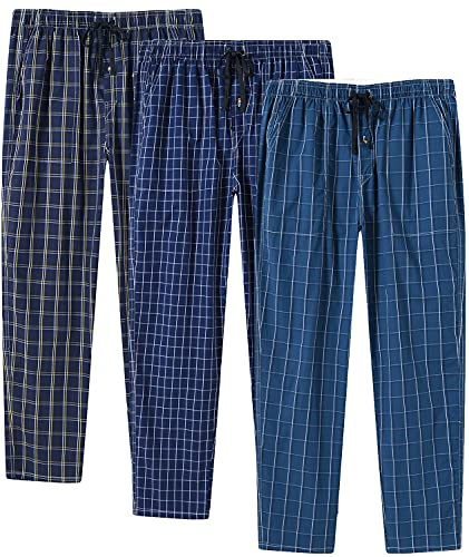 MoFiz Men's Pyjama Bottoms 100% Cotton Checked Woven Pyjama Lounge Pants Loungewear Nightwear Trousers Pack of 3 SizeL