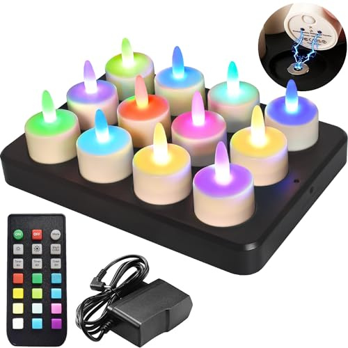 idyl light Rechargeable Tea Lights with Remote Timer, Flickering Working 55 Hours Waterproof Led Flameless Candles Lights for Home Wedding Party Decoration, RGB Color Changing, 12 Pack