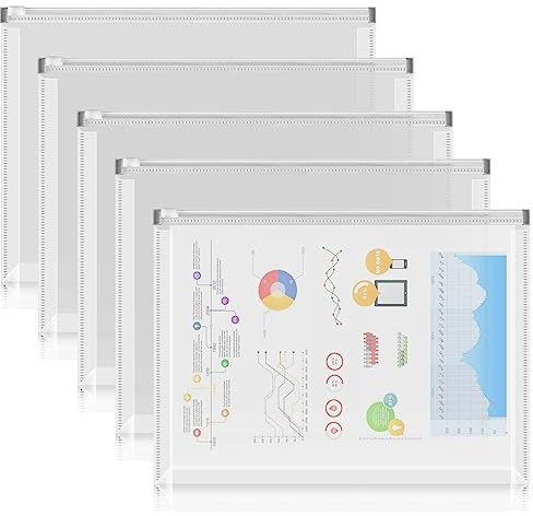 FYY 5PCS Plastic Envelopes, A4 Letter Size Poly Zip Envelopes File Folders, Translucent Expanding Document Wallet Pouch with Zipper for School and Office Supplies, 12.8 x 9.4 Inches, Clear