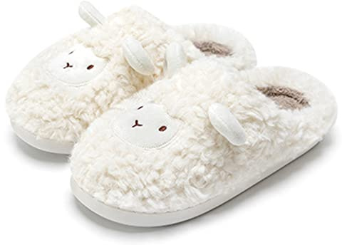 ZNEL Unisexe - Hommes Et Femmes Chaussons en Peluche De Mouton Mignon Et Douillet De Dessin Animé Pantoufle D'intérieur/extérieur Confortables Et Légères,Blanc,38~39