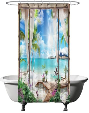 Ulticool Duschvorhang – Strand Meer Natur - 120 x 200 cm - Waschbar - Anti Schimmel - mit 8 Ringen - Blau Weiß Grün