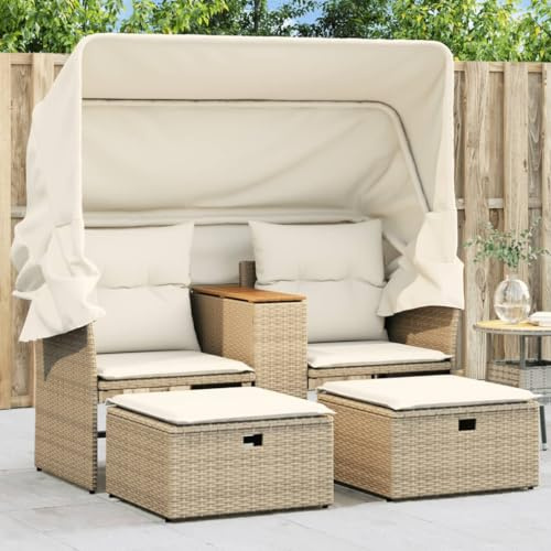 Tidyard Trädgårdssoffa 2-sitsig med tak och pall, 2-sitsig loungesoffa, trädgårdslounge soffa, terrasssoffa, trädgårdsmöbler, beige, poly rotting