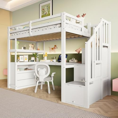 PUGSDRLY Lit Mezzanine 1 Place,Lit Mezzanine Enfant 90x200cm,avec Escalier de Rangement,Bureau,étagères et 2 Tiroirs,Design de Clôture Haute,Sommier à Lattes,Blanc
