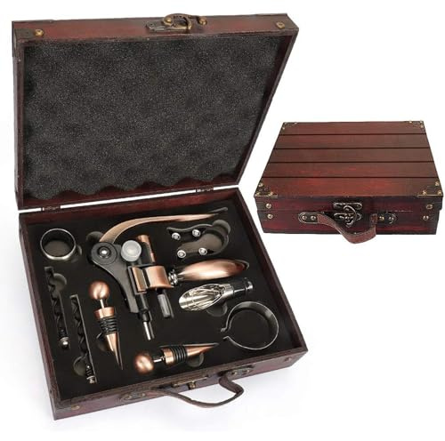 cailion Set di cavatappi da Vino con Scatola in Legno Antico, Set da Sommelier con cavatappi, Set di Accessori da Vino, Set di cavatappi con Testa di Coniglio, Anelli salvagoccia (Antike kiste1)