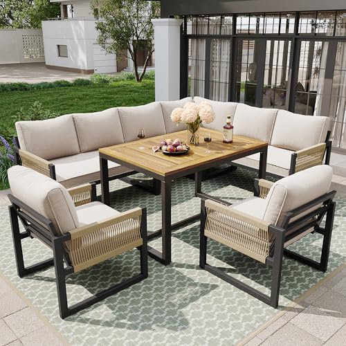 Huayz Juego de salón de jardín, grupo de comedor para 7-8 personas, muebles de jardín, juego de muebles de jardín, balcón, terraza, resistente a la intemperie, grupo de comedor moderno