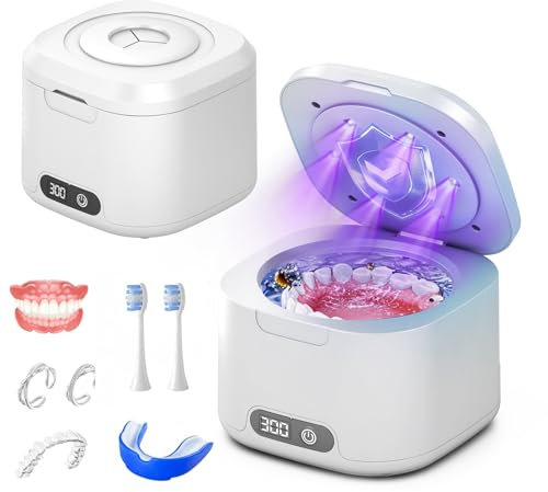 Pulitore ad ultrasuoni per dentiere, macchina per la pulizia dentale ad ultrasuoni a 49kHz con pulizia UV e quattro modalità, pulitore ad ultrasuoni da 340ML per, pennelli per il trucco, gioielli