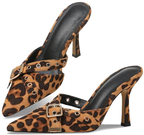 COMFITORIA Womens Slingback Kitten Heels Studded Closed Pointed Toe Backless Low Pumps Wide Sexy Prom Wedding Casual Dress Shoes, Leopard Print Color, 6 UK