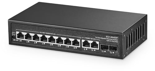 Binardat Switch Gigabit POE a 12 porte, 8 porte POE+ 1000 Mbps, 2 Gigabit uplink, 2 Gigabit SFP, IEEE802.3af/at, alimentatore da 135 W, alloggiamento in metallo Plug and Play