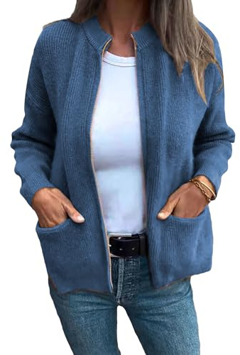 Damen-Strickjacke, Stehkragen, durchgehender Reißverschluss, leicht, langärmelig, Reißverschluss, Strickjacke, mit Taschen, Herbst, blau, 46