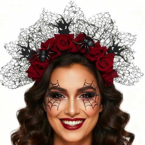 Zoestar Rose Flower Halloween Headband Mexican Floral Crown Headbands Black Spider Headpiece Day of the Dead Hair Accessories for Women