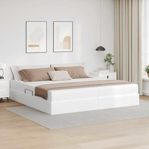 Bucmath Förvaringssäng med madrass, vit, 200 x 200 cm, klädselsäng i konstläder med hydraulisk lyft, förvaringsutrymme, sängram för sovrum, möbler, modern design, kejsarsäng, storlek