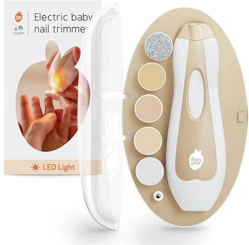 Cherish Baby Care Elektrisk LED-nagelfil för nyfödda - Elektrisk nagelklippare med automatiskt säkerhetsstopp, 2 hastigheter och 6 skivor, nyfödda användbara tillbehör (+ resefodral)