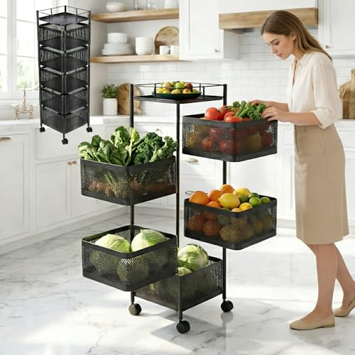 Oyajia Carrito Auxiliar con Ruedas 5 Estantes, Carro de Cocina Multifuncional con Canastas, Carrito Verdulero y Frutero para Frutas y Verduras, Ruedas 360° para Cocina, Baño, Oficina, Despensa, Negro