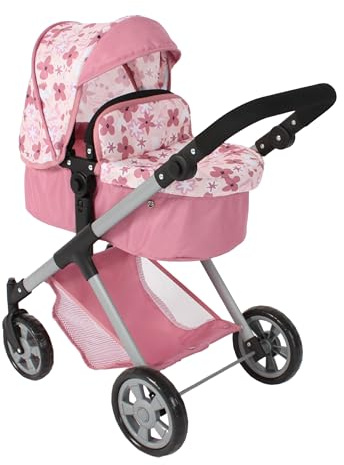Bayer Chic 2000® 2-i-1 dockvagn Mila – blommor rosa – höjdjusterbart handtag 39–72 cm – modern ram – dockor upp till 50 cm – 3-7 J.