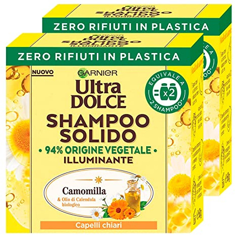 2x Garnier Ultra Dolce Shampoo Solido Illuminante Camomilla e Olio di Calendula Biologico con Ingredienti di Origine Naturale per Capelli Chiari - 2 Shampoo Solidi da 60g