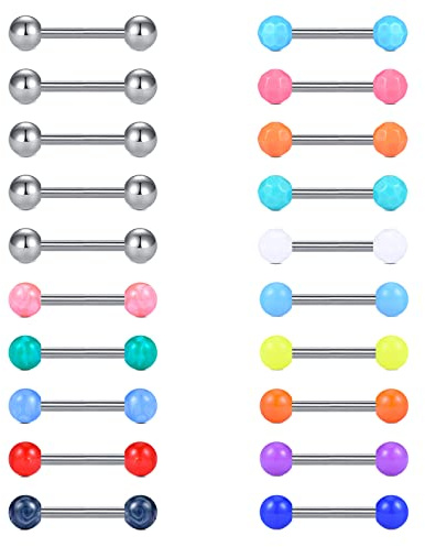 Crdifu 20Pezzi Piercing Capezzolo Lingua 14G Acciaio Inossidabile Barra Dritto 12mm Lingua Piercing Gioielli