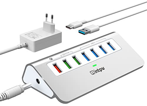 Powered USB 3.2 Hub 10Gbps,7 Port USB Daten Hub USB Splitter mit 4 USB 3.2 Gen2 Daten Ports,3 Schnelllade Ports,30W Power Adapter,Typ A & C Kabel, Aluminium Powered USB C Hub für Computer,PC,Laptop