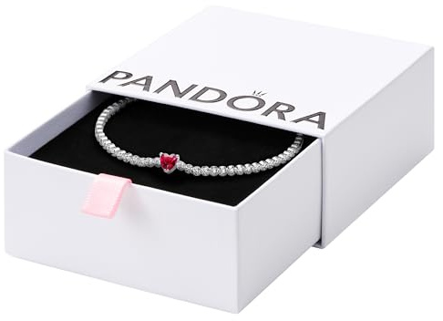 PANDORA Timeless Rotes Funkelndes Herz Tennisarmband aus Sterling-Silber mit rotem künstlichen Kristall, Timeless Kollektion, 16cm, 590041C02-16