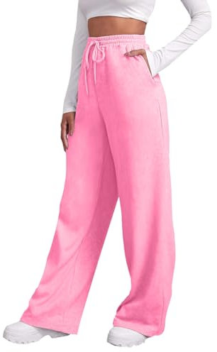 Pantalon Jogging Femme en Coton Chic Élastique Taille Haute avec Poche - Sport Yoga et Fitness - Droit à Coupe Large (A-Pink, S)
