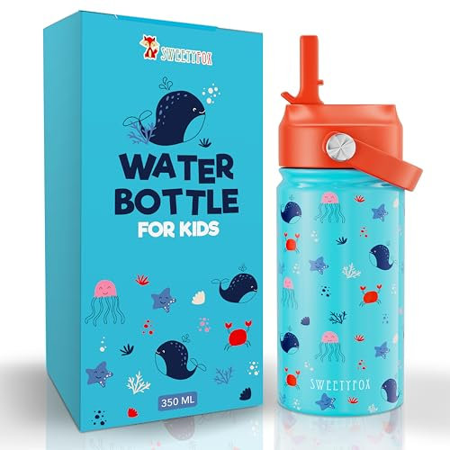 Sweety Fox Edelstahl Trinkflasche Kinder Meer BPA-frei - Kinder Flasche mit Strohhalm und Bürste - Geeignet für Kinder ab 3 Jahren.