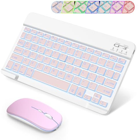 SOPPY Portable Bluetooth Keyboard and Mouse with Backlight, Rechargeable Mini Keyboard, Wireless Keyboards for iPad/Tablets/iOS/Android/Windows, UK Layout (Pink)